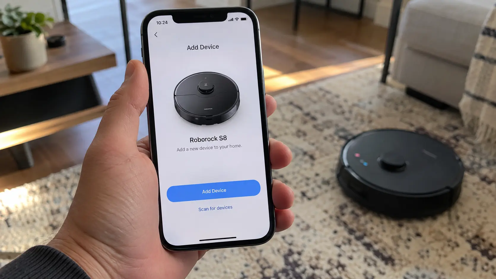 Adding a robot vacuum to its companion app on a smartphone.