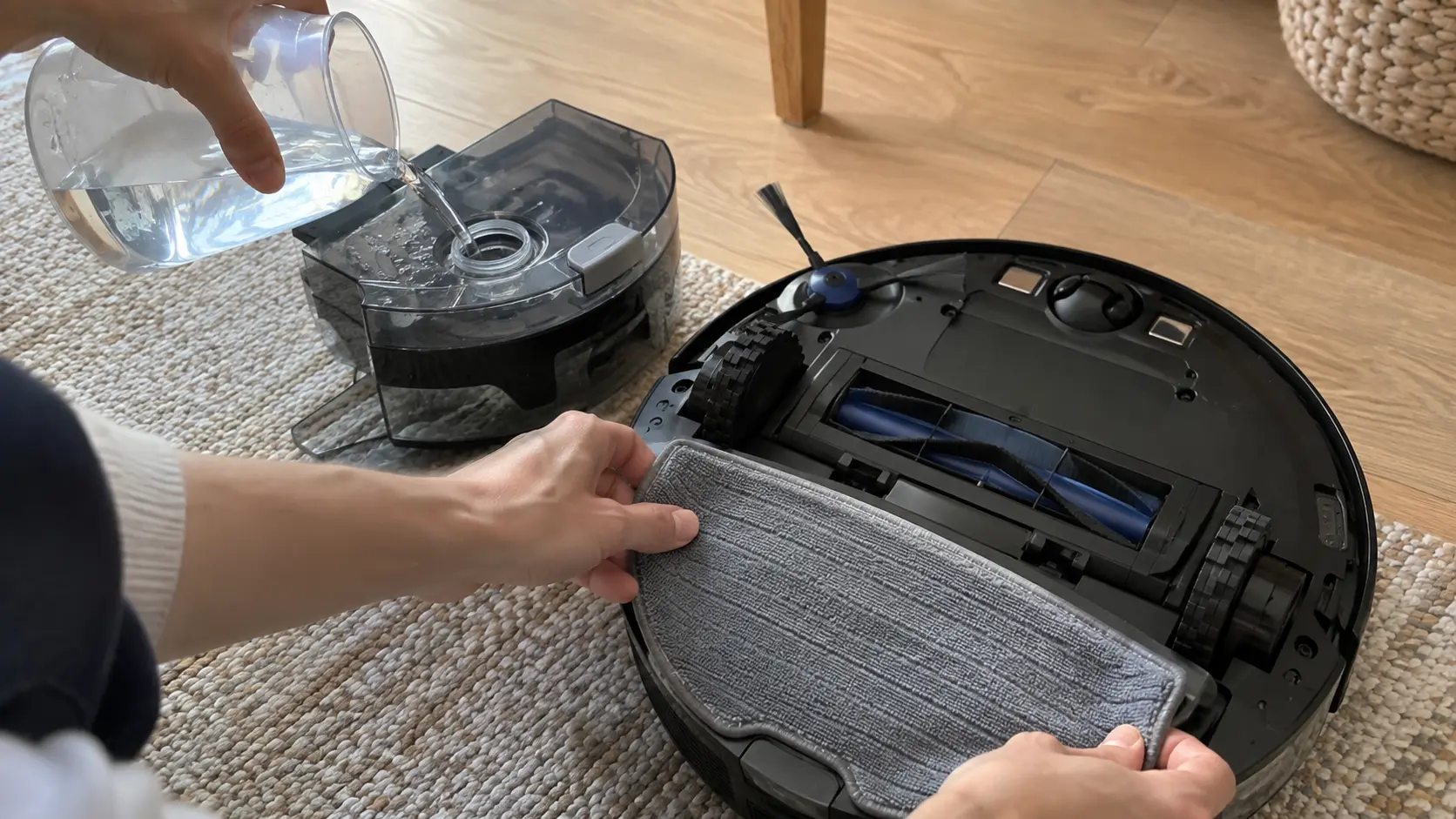 Filling the water tank and attaching a mop pad on a robot vacuum.