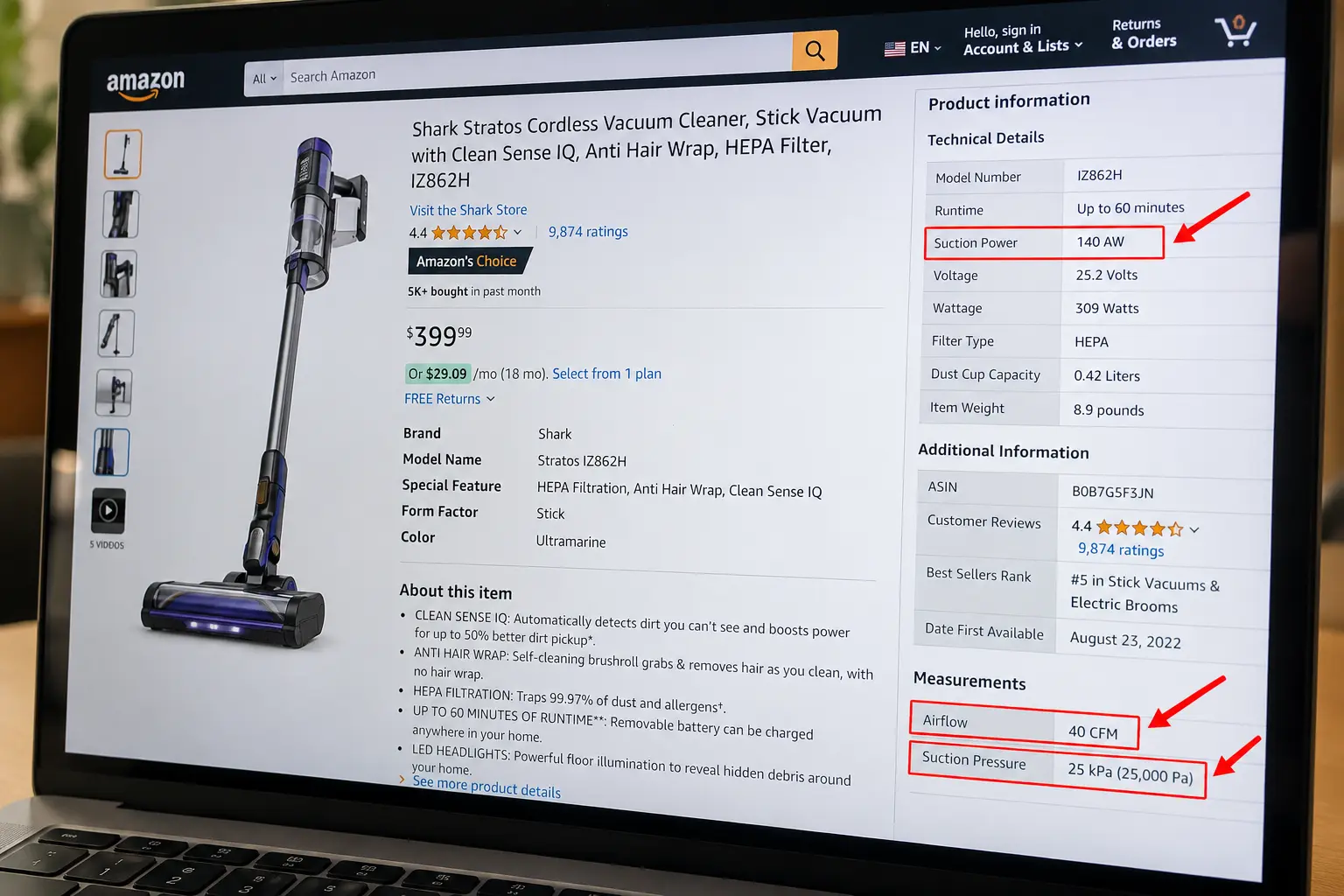 amazon listing showing Pa, CFM, and Air Watts appear in the specs