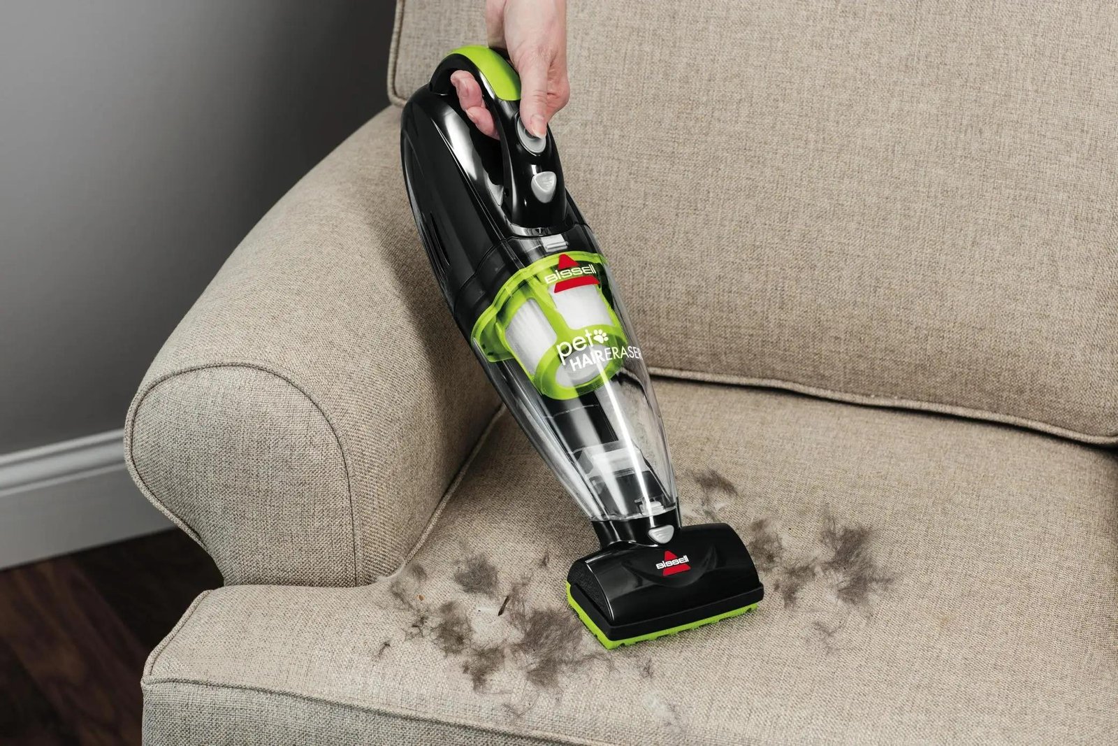 A motorized upholstery brush is especially useful for pulling embedded pet hair from couches, cushions, and fabric-covered stairs.