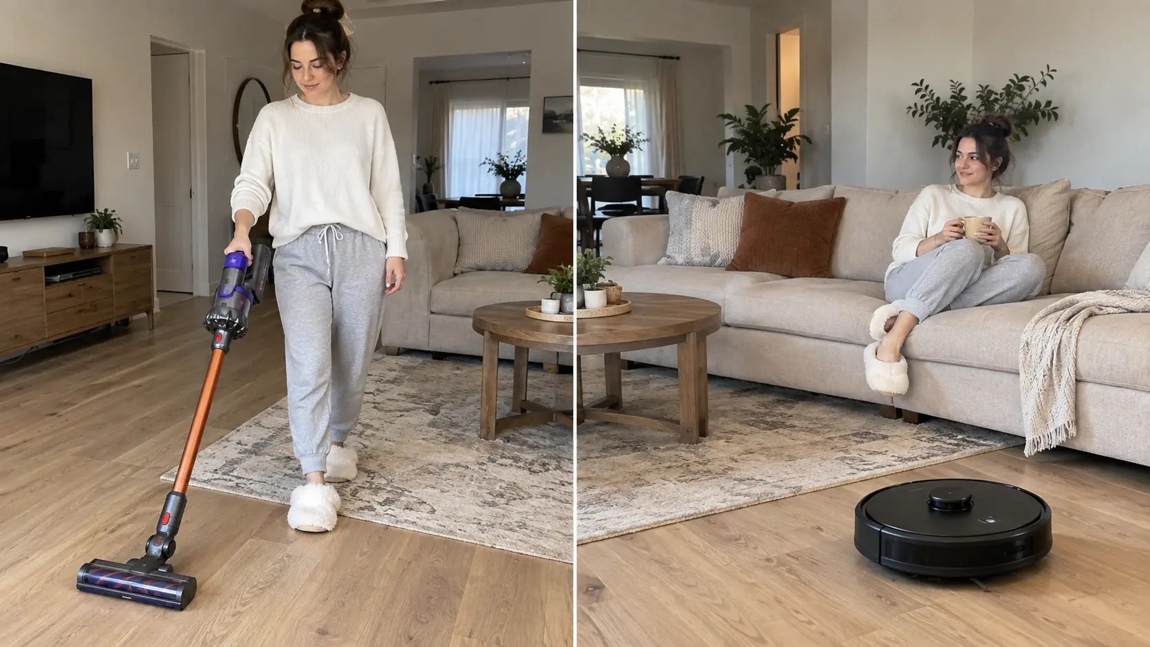 Manual cordless vacuuming compared with automatic robot vacuum cleaning.