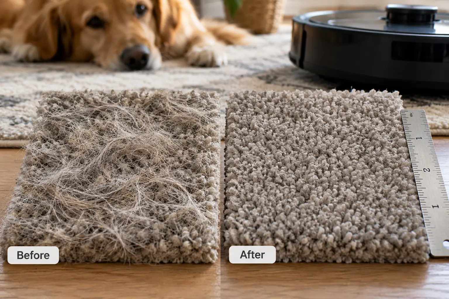 Pet hair pressed into carpet before a robot vacuum pass