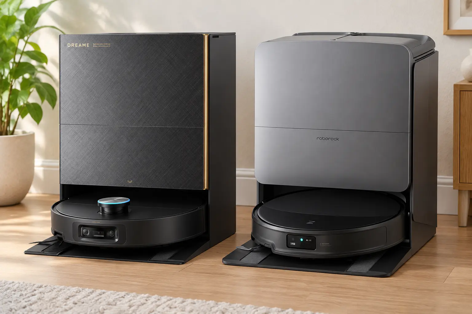 Roborock Saros 20 and Dreame X60 Max Ultra Complete side by side with their docks