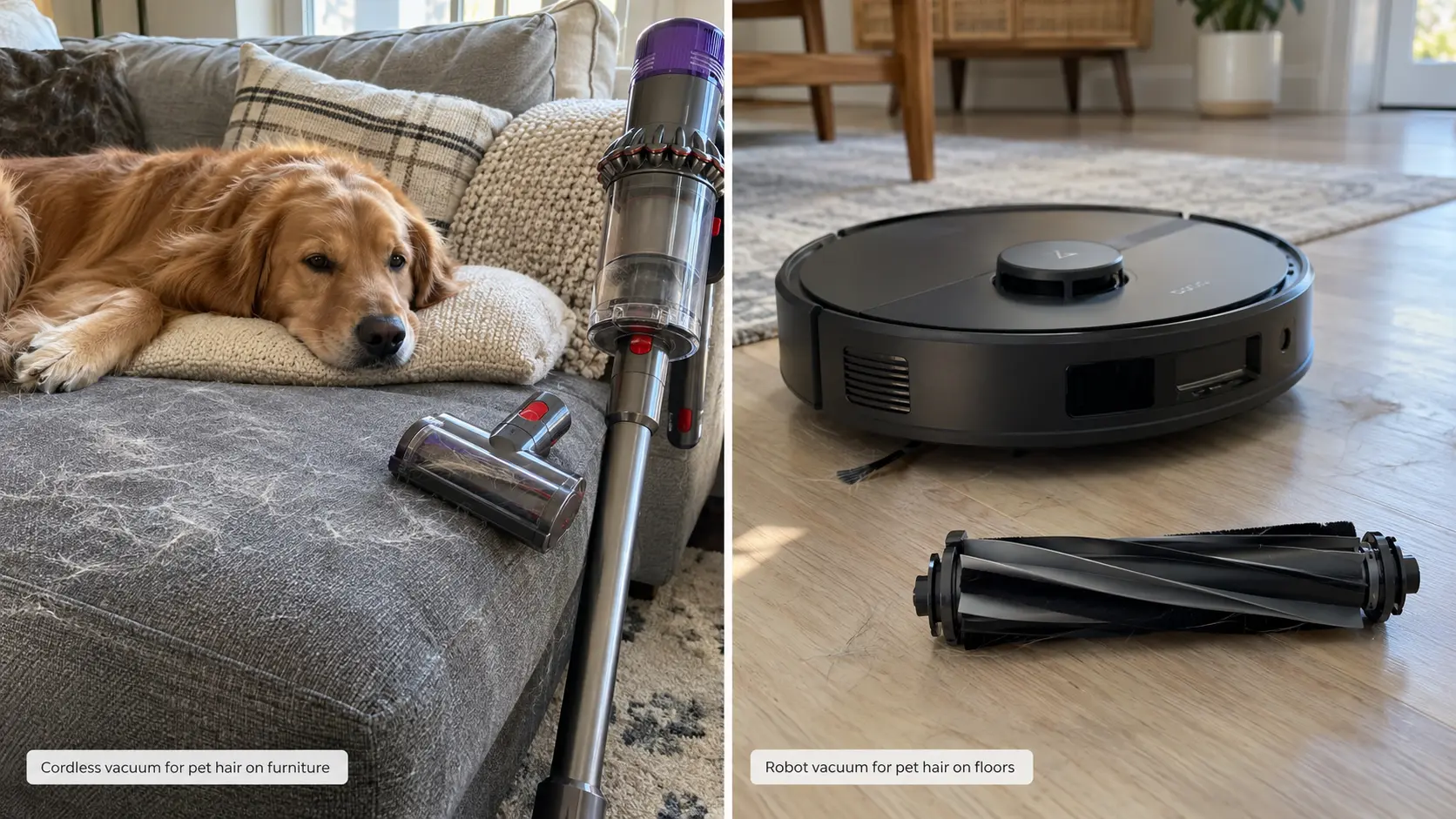 Robot and cordless vacuum cleaning pet hair at home