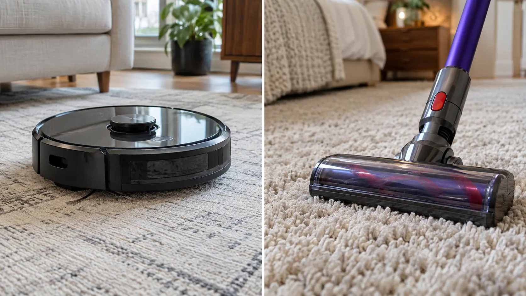 Robot vacuum and cordless vacuum head on carpet compared