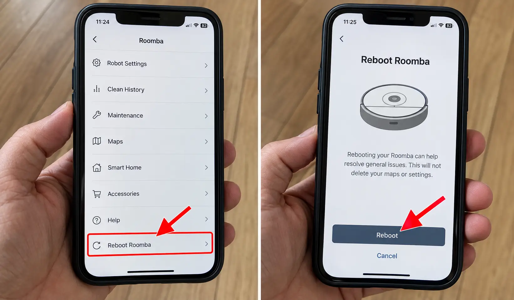 app screens showing the reboot option for a Roomba robot vacuum.
