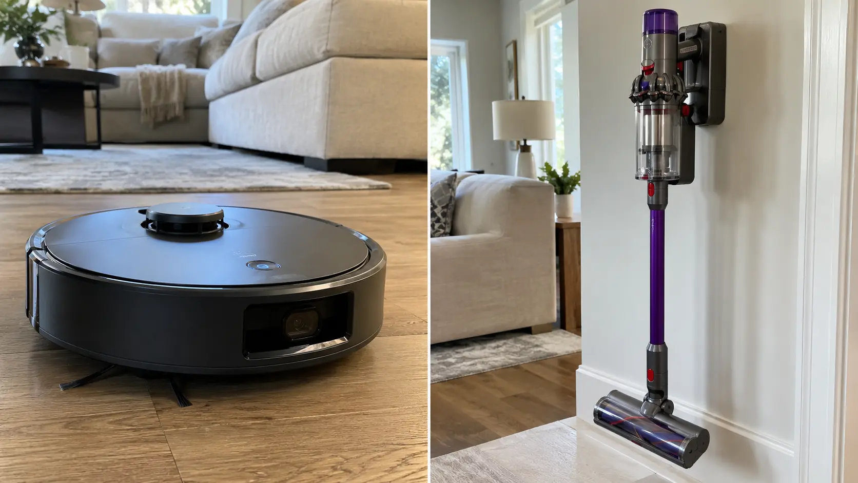 Robot vacuum and cordless stick vacuum side by side in a living room
