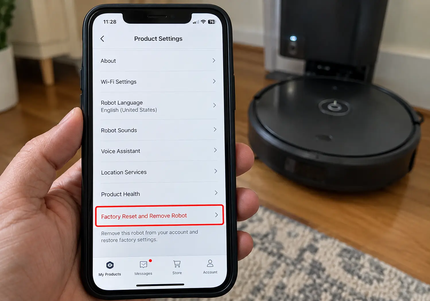 robot vacuum app screen with the factory reset option highlighted